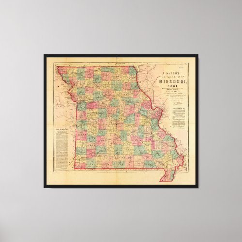 Lloyds Offical Map of Missouri 1861 Canvas Print