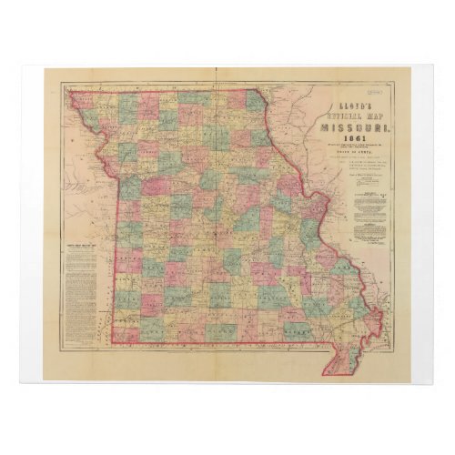 Lloyds Offical Map of Missouri 1861 Notepad