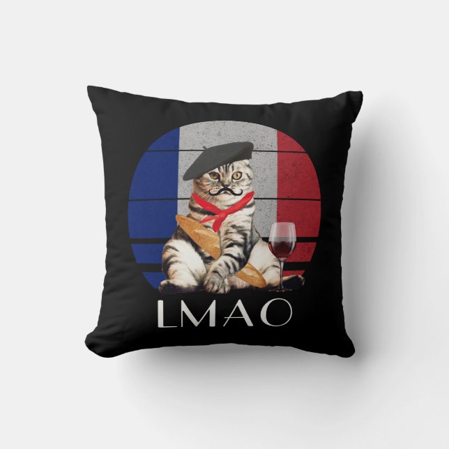 LMAO Le Meow French Cat Throw Pillow (Front)