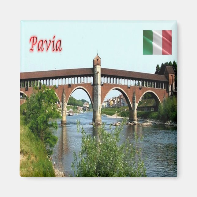 LMD044 PAVIA, The Covered Bridge, Italy, Fridge Magnet (Front)