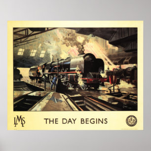 LMS Train THE DAY BEGINS Vintage Railway Poster Ad