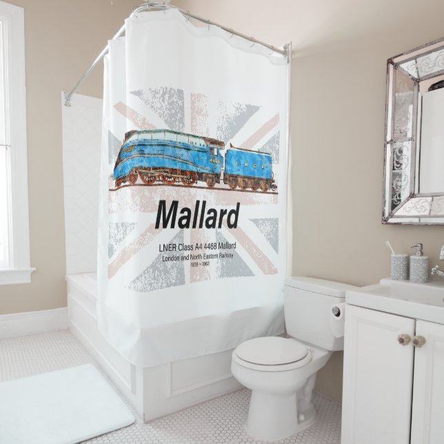 LNER Class A4 Mallard locomotive profile with flag Shower Curtain (In Situ)