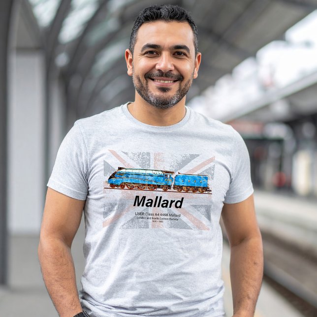 LNER Class A4 Mallard locomotive profile with flag T-Shirt (LNER Class A4 4468 Mallard - Fastest Steam Locomotive. Mens Basic T-Shirt)