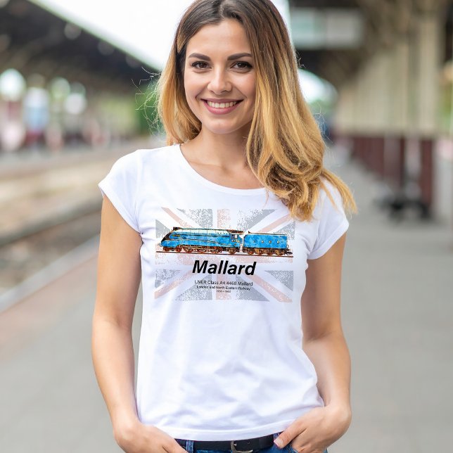 LNER Class A4 Mallard locomotive profile with flag T-Shirt (LNER Class A4 4468 Mallard - Fastest Steam Locomotive. Womens Basic T-Shirt)