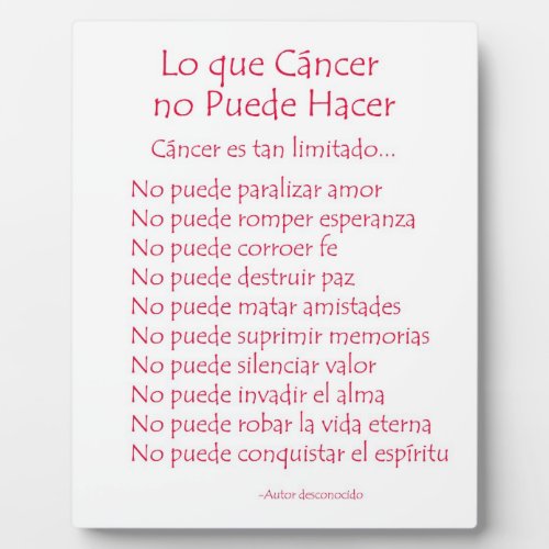 Lo que Cancer no Puede Hacer Poem Plaque