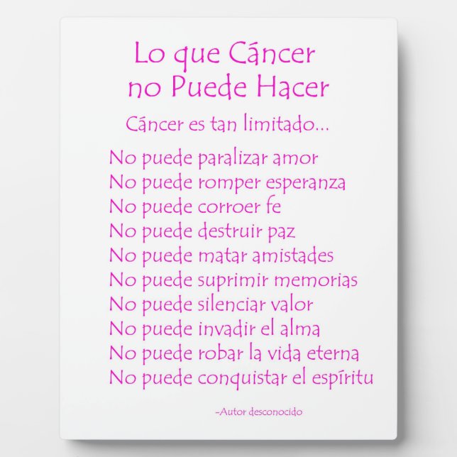 Lo que Cancer no Puede Hacer Poem Plaque (Front)