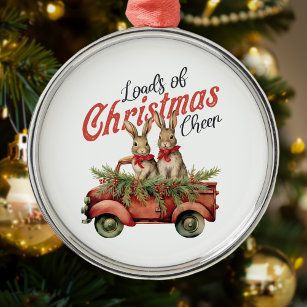 Loads of Christmas Cheer Rabbits in Red Truck Metal Ornament