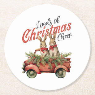 Loads of Christmas Cheer Rabbits in Red Truck Round Paper Coaster