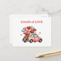 Loads of Love - Vintage Car Heart Balloon Postcard