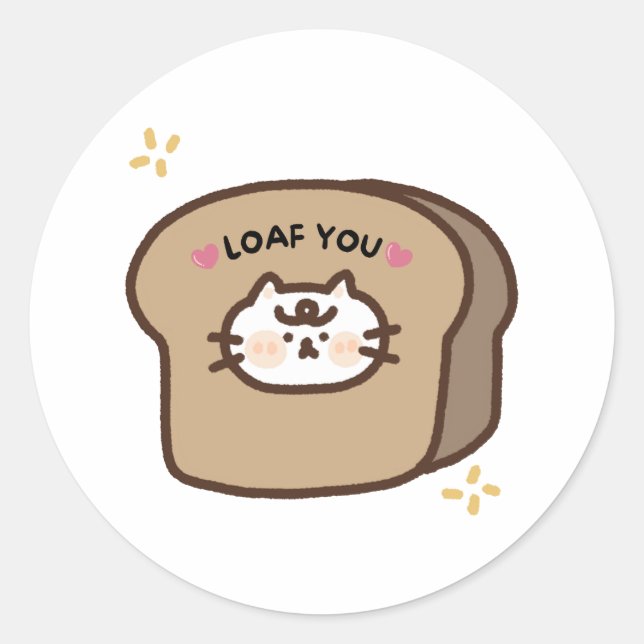 Loaf You Cute Cat Lover and Funny Valentine Puns Classic Round Sticker (Front)