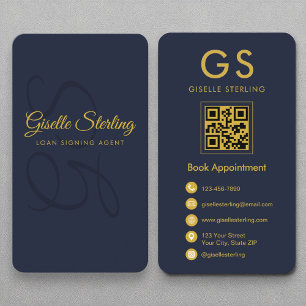 Loan Signing Agent Monogram Navy Blue Gold QR Code Business Card