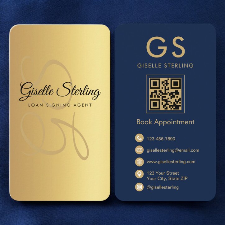 Loan Signing Agent Navy Blue Gold QR Code Business Card