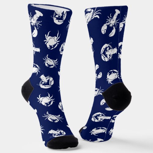Lobster and Crab Navy Blue and White Patterned Socks