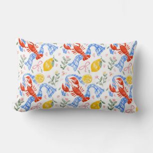 Lobster and Lemon Italian Summer Gingham Pattern Lumbar Pillow