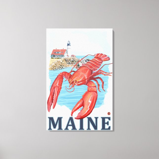Lobster and Portland Lighthouse Scene Canvas Print (Front)