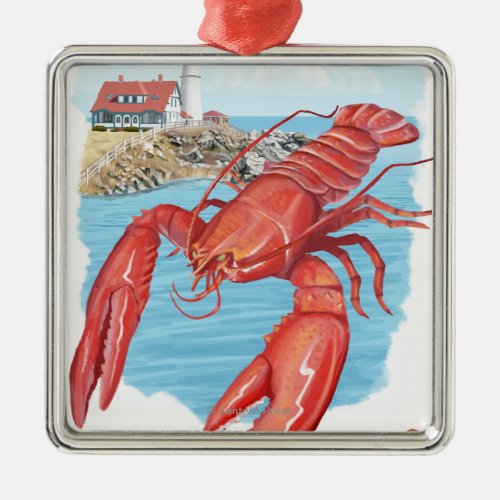 Lobster and Portland Lighthouse Scene Metal Ornament