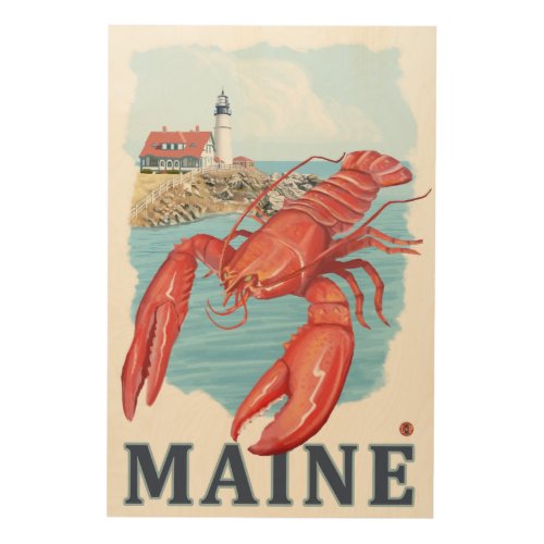 Lobster and Portland Lighthouse Scene Wood Wall Art