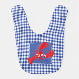 Lobster Baby NAME Red White Blue Gingham Preppy Bib