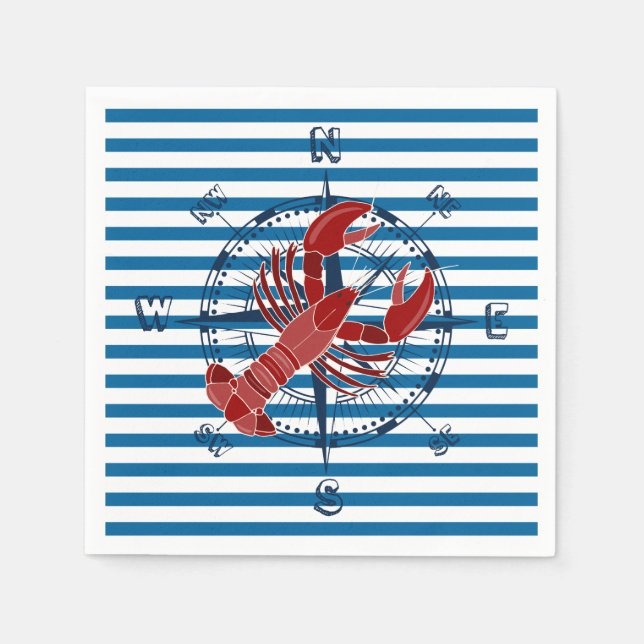 Lobster Blue and White Horizontal Stripe Paper Napkins (Front)
