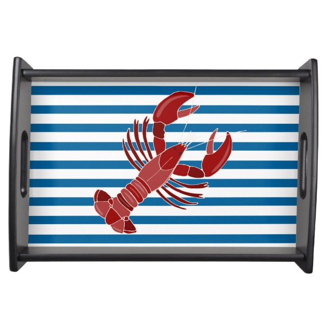 Lobster Blue and White Horizontal Stripe Serving Tray (Front)