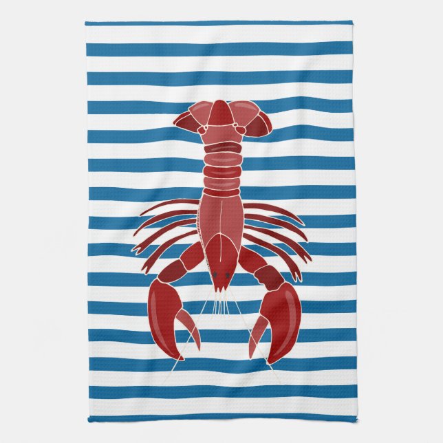Lobster Blue and White Stripe Kitchen Towel (Vertical)