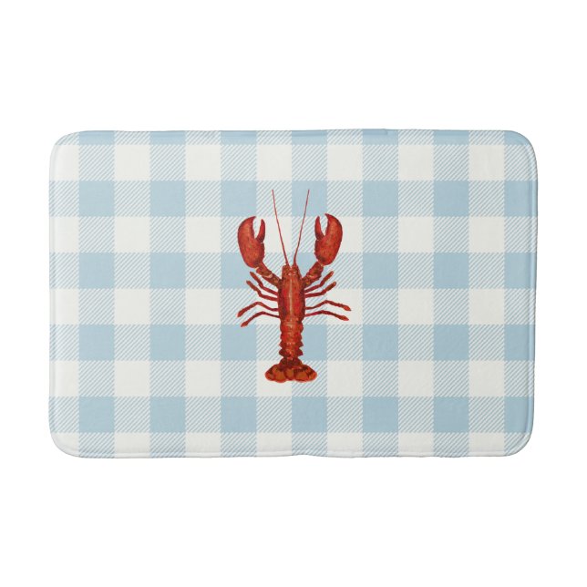 Lobster Blue Gingham Check Coastal Bath Mat (Front)