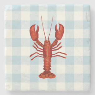 Lobster Blue Gingham Check Coastal Stone Coaster