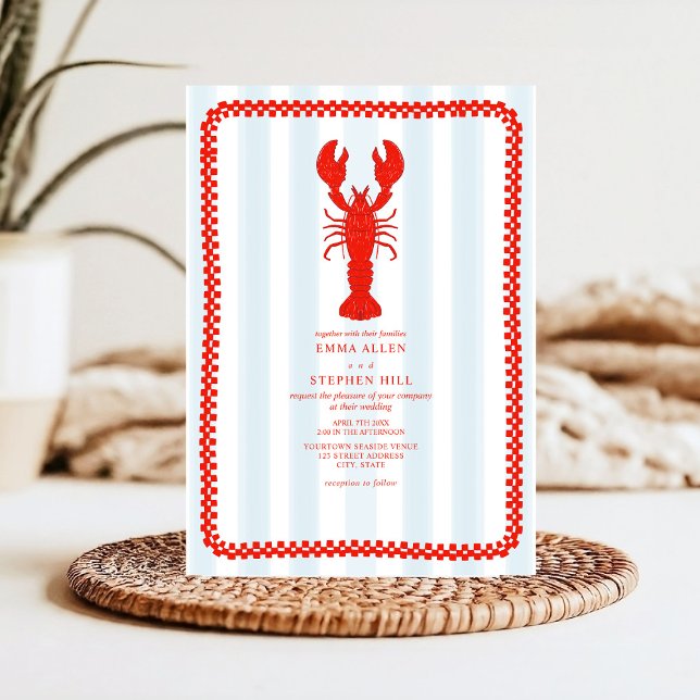 Lobster Blue Stripe Checkerboard Nautical Wedding Invitation (Creator Uploaded)