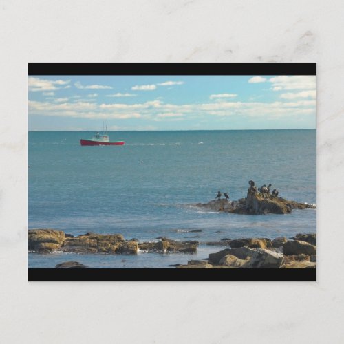 Lobster Boat Working off Rocky Seawall Beach Postcard