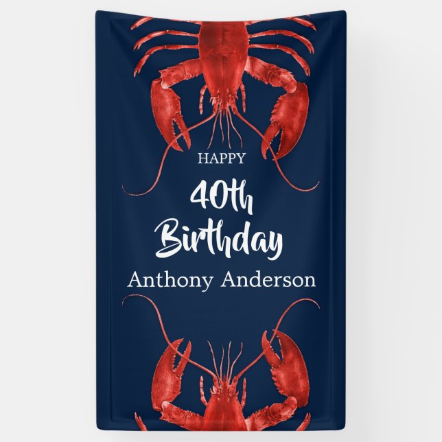 Lobster Boil Dark Blue Fun Birthday Party Custom B Banner (Vertical)