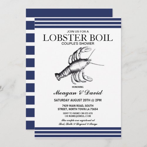 Lobster Boil Engagement Party Stripe Blue Beach Invitation