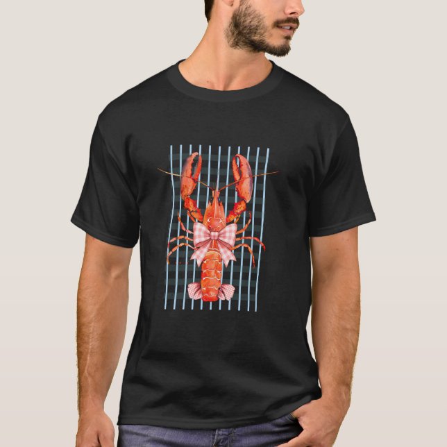 Lobster Bowtie Checkered Pattern Nautical Style T-Shirt (Front)