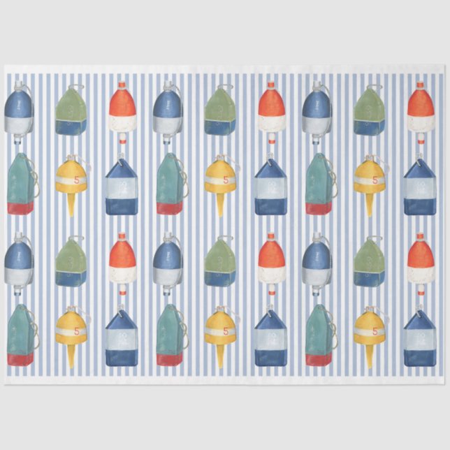 Lobster buoys on blue stripe decoupage paper (Front)