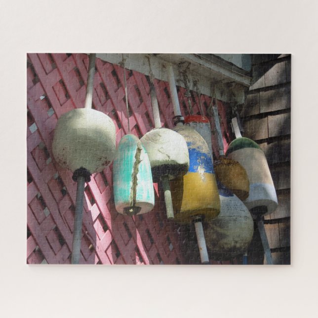 Lobster Buoys on Pink Lattice - Martha's Vineyard Jigsaw Puzzle (Horizontal)