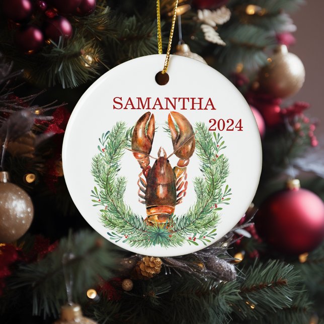 Lobster Christmas Personalized Watercolor Wreath Ceramic Ornament (Creator Uploaded)