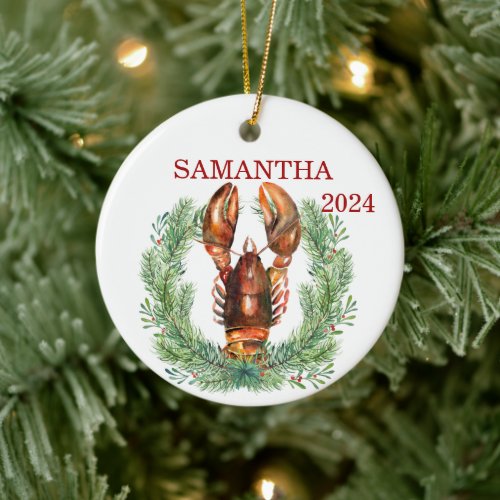 Lobster Christmas Personalized Watercolor Wreath Ceramic Ornament