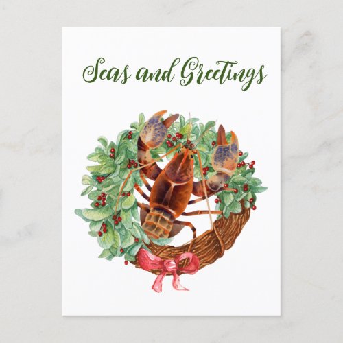 Lobster Christmas Watercolor Wreath  Holiday Postcard