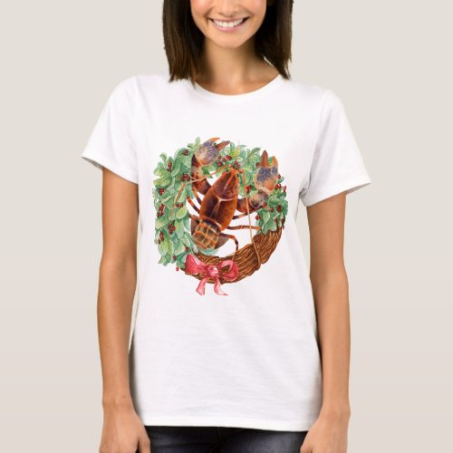 Lobster Christmas Watercolor Wreath Watercolor   T_Shirt