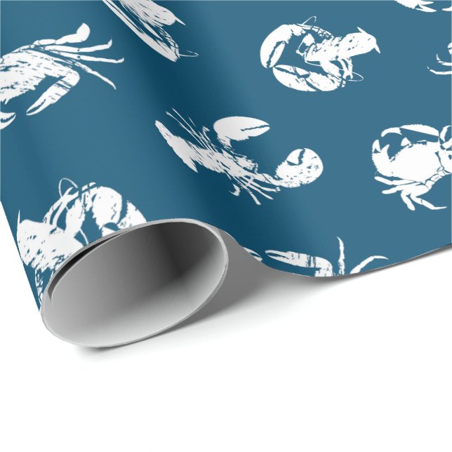 Lobster Crab Blue White Seafood Print Wrapping Paper (Roll Corner)