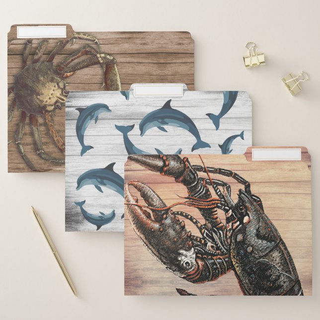 Lobster Crab Dolphin Wood Background Set File Folder (Set)