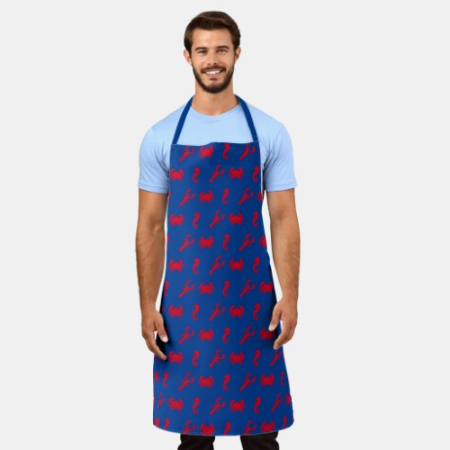 Lobster crab seahorse blue red pattern kitchen apron