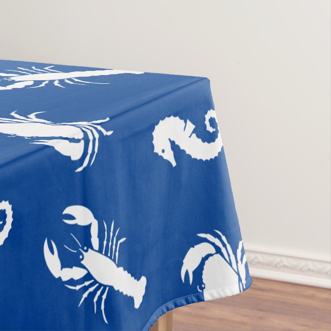 Lobster crab seahorse blue white pattern tablecloth (In Situ)