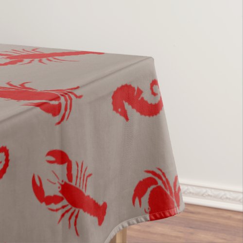 Lobster crab seahorse crimson greige pattern tablecloth