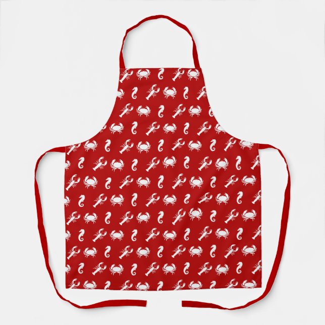 Lobster crab seahorse crimson red white pattern apron (Front)