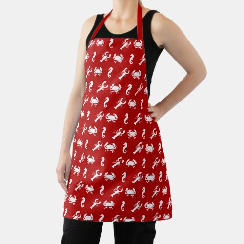 Lobster crab seahorse crimson red white pattern apron