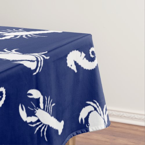 Lobster crab seahorse navy blue  white pattern tablecloth