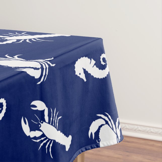 Lobster crab seahorse navy blue & white pattern tablecloth (In Situ)