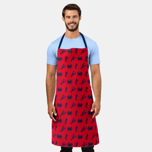 Lobster crab seahorse red navy blue pattern apron