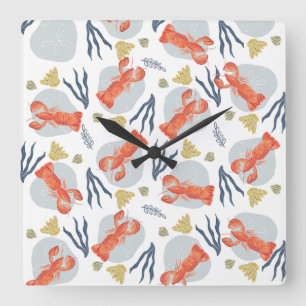 Lobster Crawfish Seafood Under Water Pattern Square Wall Clock