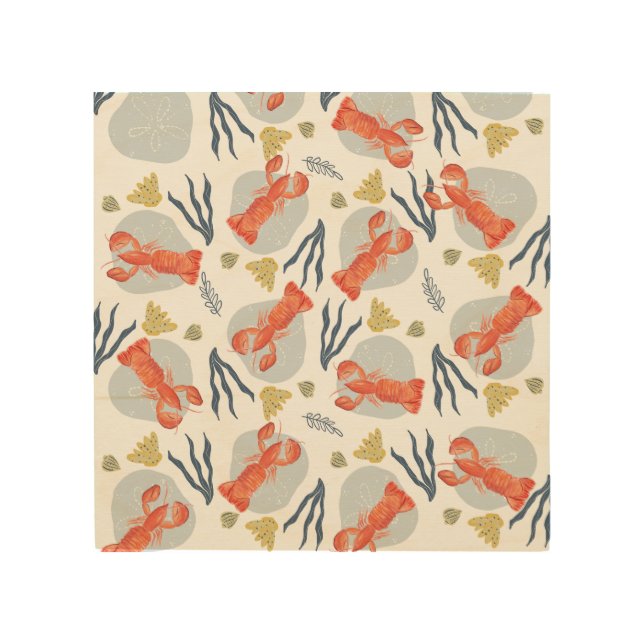 Lobster Crawfish Seafood Under Water Pattern Wood Wall Art (Front)